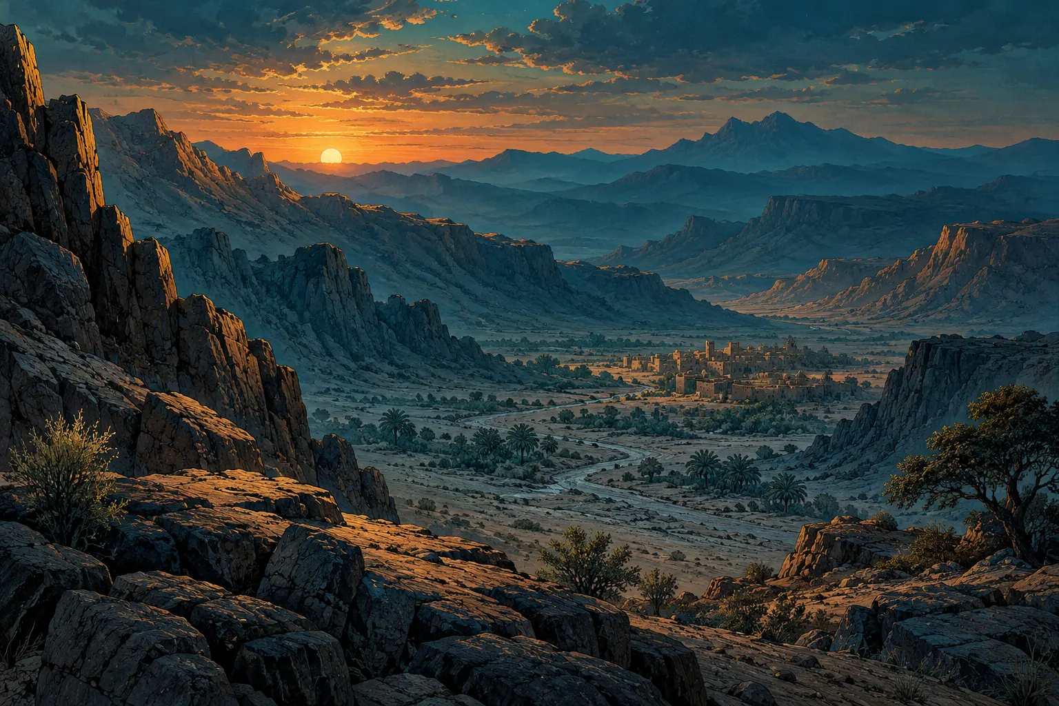 Conceptual desert valley and distant settlement at sunset